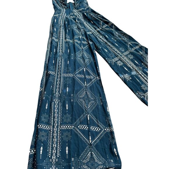 Cleobella Low Neck Halter Wide Leg Teal & Cream Jumpsuit Pockets Size XS - Picture 8 of 10